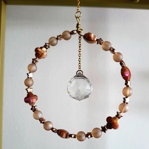 Chic Handmade Rose Gold and Peachy Pearly Beaded Crystal Prism Suncatcher